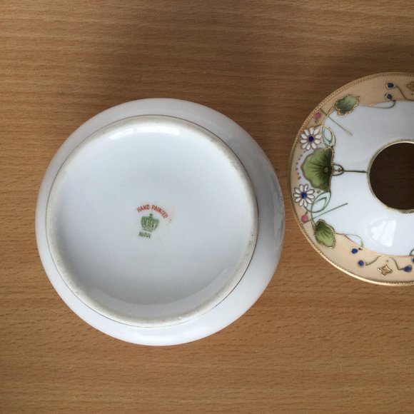 Vintage hand painted Nippon jar hair receiver floral Japanese porcelain green M - Picture 5 of 5